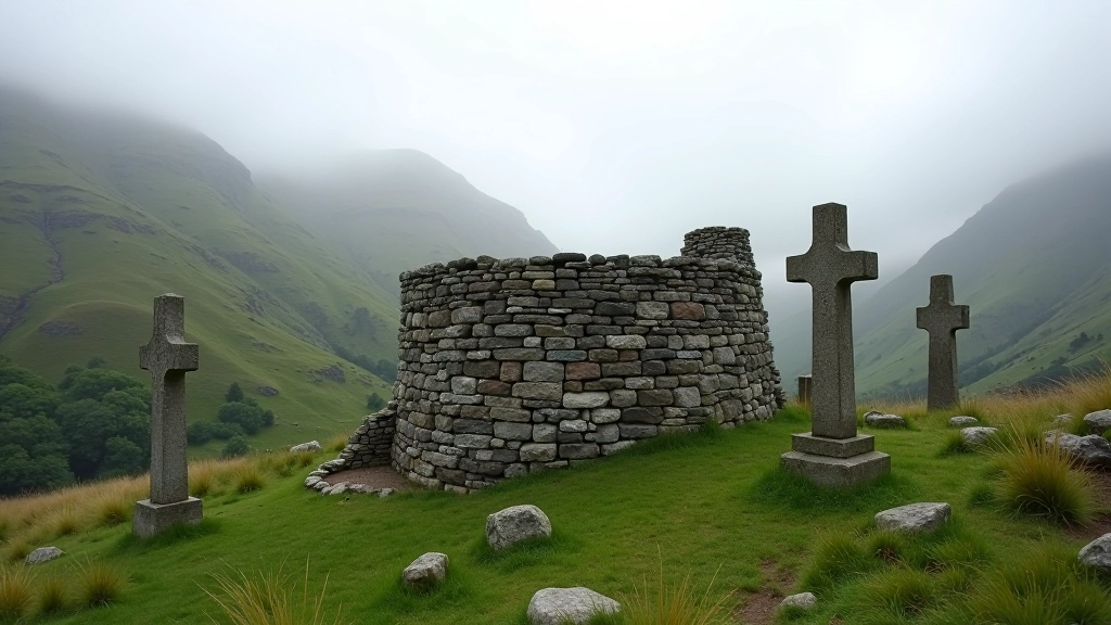Close-up of ancient monastic round tower and stone crosses at Glendalough with misty mountains in background