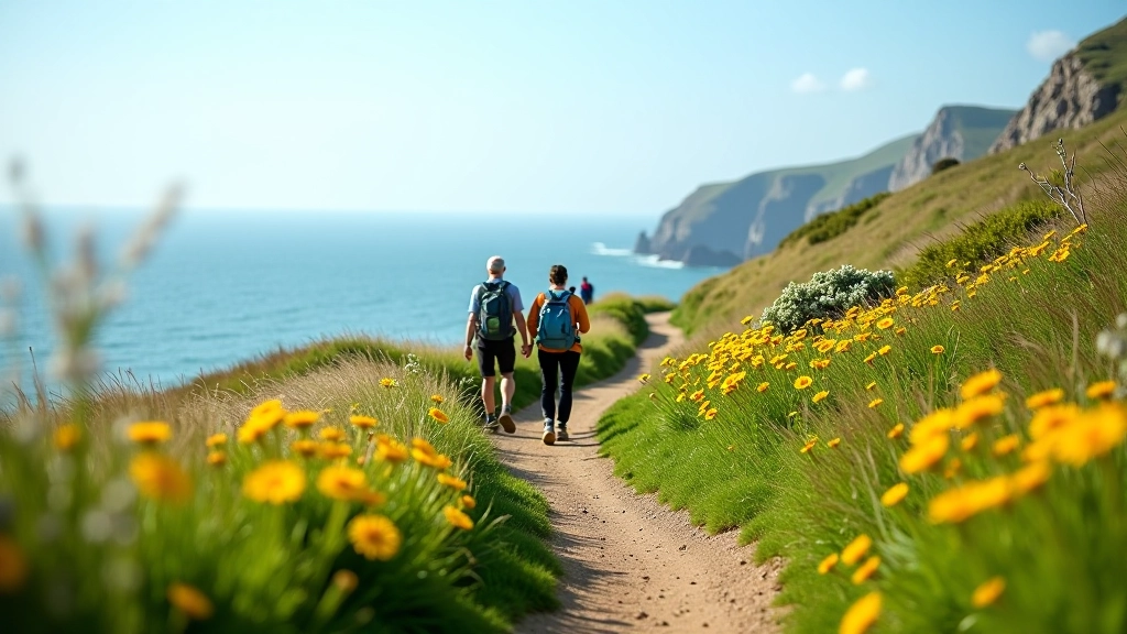 Winding coastal trail with green grass and wildflowers, hikers in distance on cliff path with ocean and sky horizon, bright natural daylight
