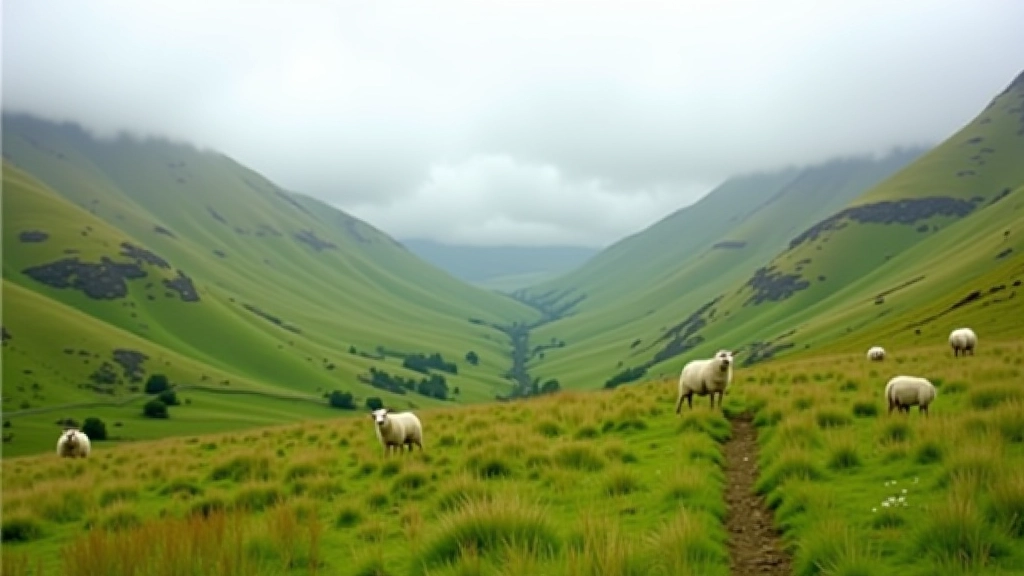 Mountain landscape with green slopes, scattered sheep, and hiking path disappearing into the distance under overcast Irish sky