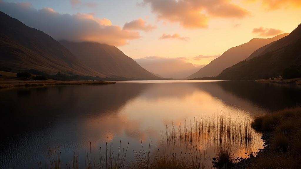 Golden hour sunlight illuminating the upper lake at Glendalough with mountains silhouetted against sunset sky