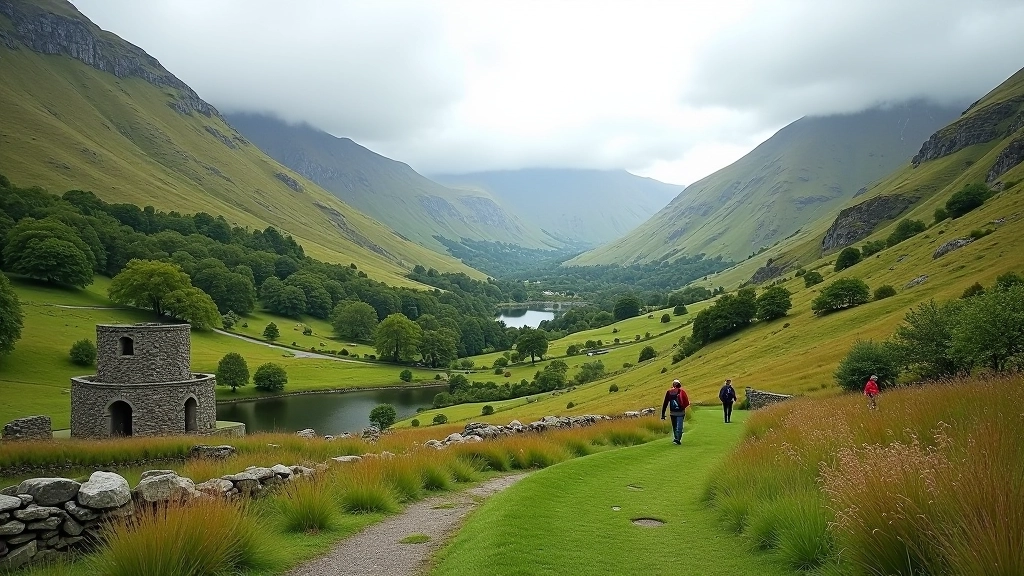 Glendalough valley trails with ancient monastic site