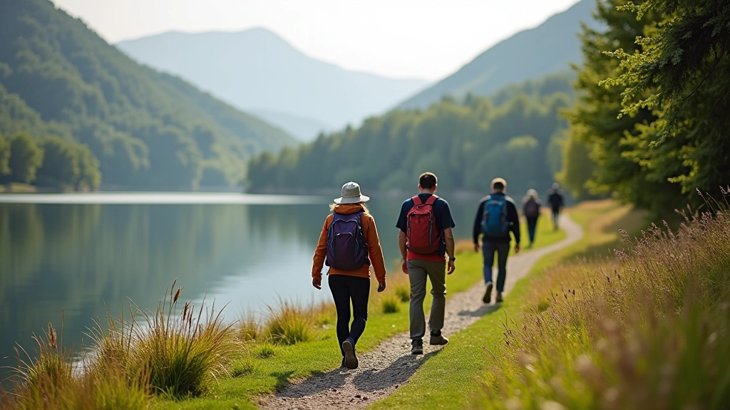Walkers on lakeside path with calm water reflections and forest canopy overhead