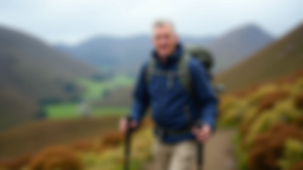Hiker aged 50 with walking poles, wearing navy hiking jacket and light trousers, standing on mountain trail looking at landscape, overcast weather, portrait from waist up