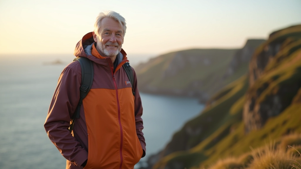 Hiker standing on coastal cliff edge, arms raised in celebration, ocean vista behind, golden hour lighting, person wearing colorful hiking jacket