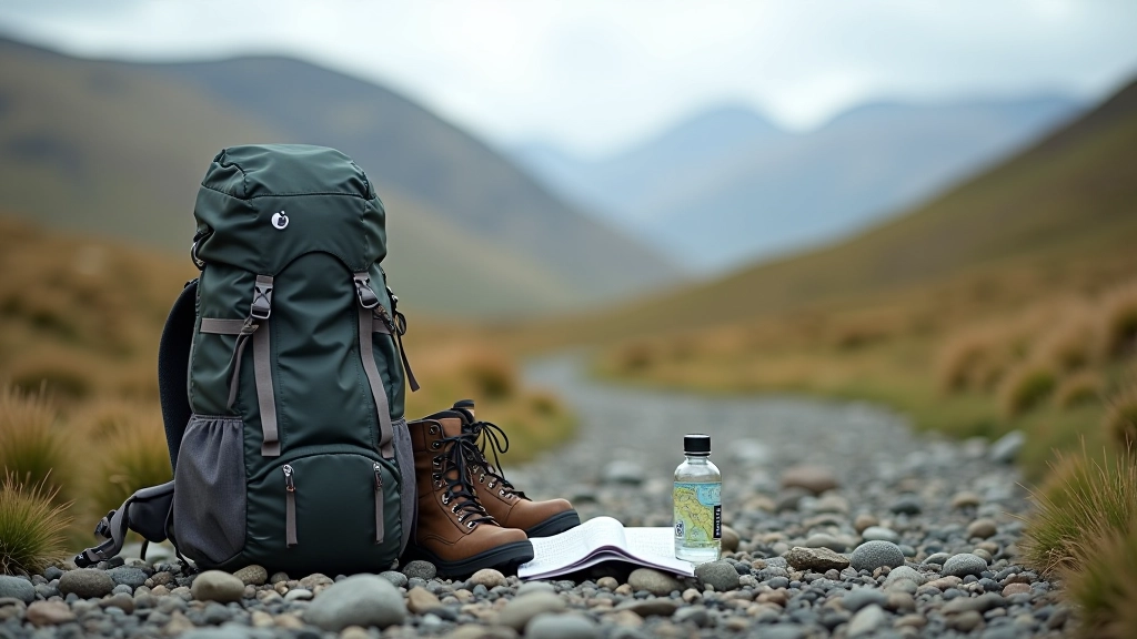 Hiker's backpack and walking boots on rocky ground, water bottle and map visible, mountain landscape behind