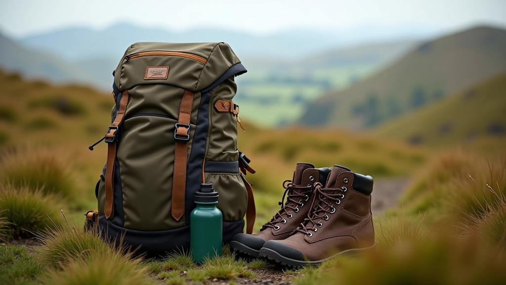 Hiking backpack and water bottle on moss-covered ground, walking boots nearby, mountain valley landscape in soft focus background, natural daylight