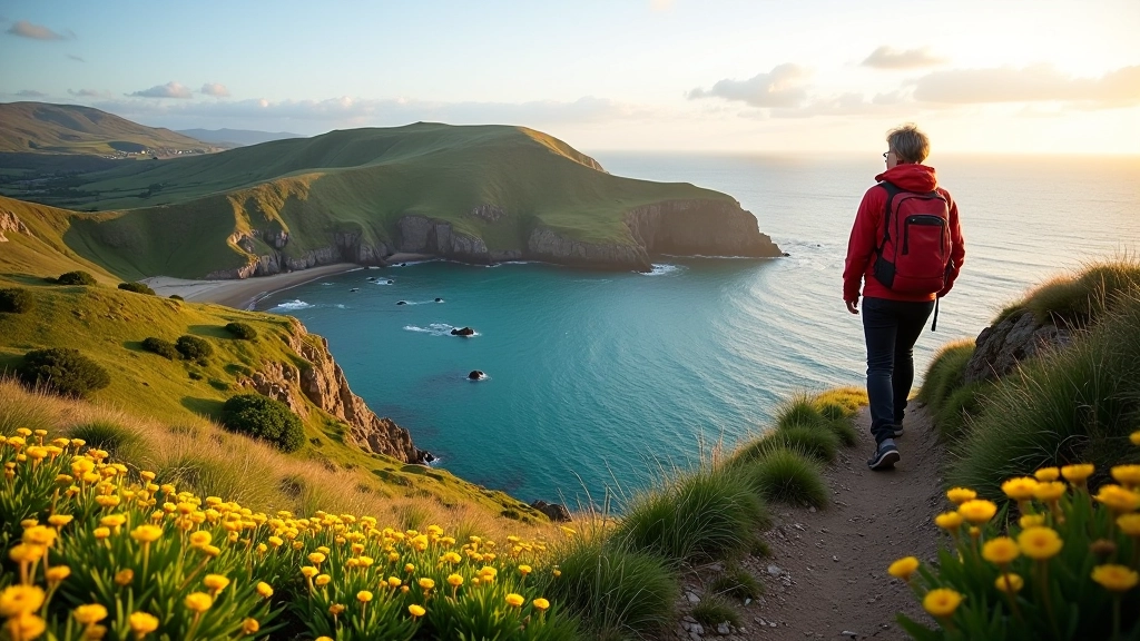 Coastal cliffs with turquoise water below and hiking path along the edge with grass and wildflowers