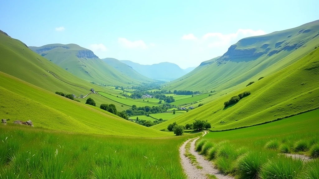 Scenic valley with rolling green hills and a winding path through grassland under clear sky
