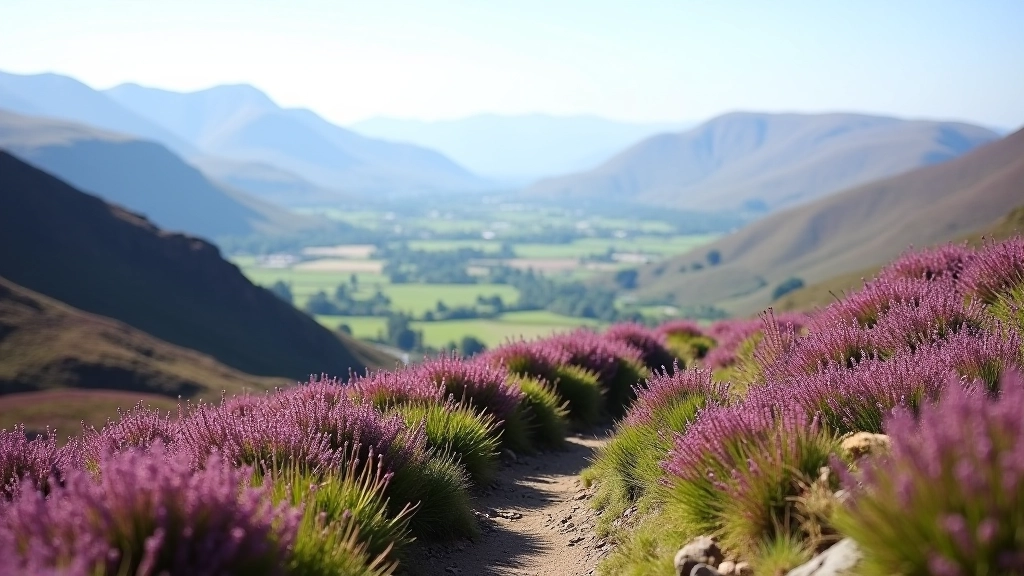 Mourne Mountains with purple heather blooming on hillside, rocky trail winding through landscape, valley view in background