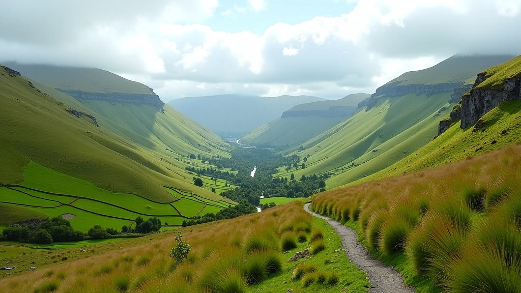 Beautiful Irish mountain trail winding through green valley landscape